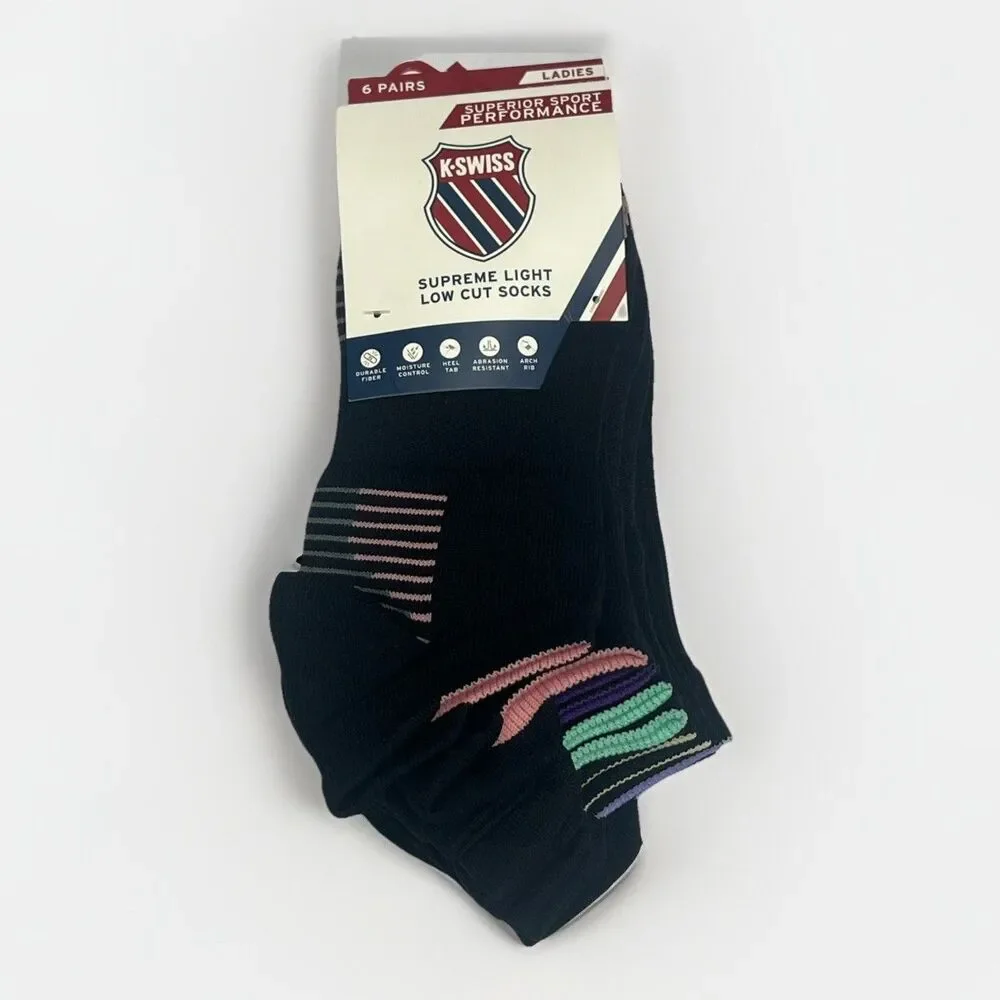 K Swiss Women's Low Cut Socks 6 Pack Shoe 4-10 Black Supreme Light $32‎ Heel Tab